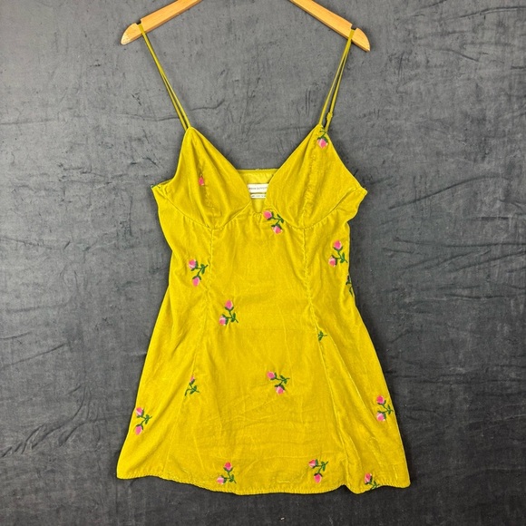 Urban Outfitters Green-Yellow Mini Dress with Pink Floral Embroidery - Picture 1 of 6